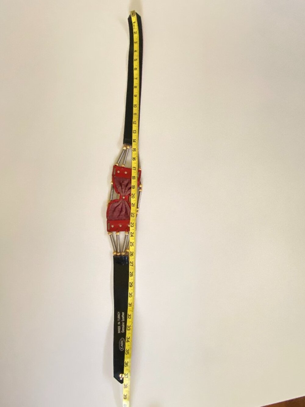 CATC VTG Leather Rustic Statement Belt Turkey OOAK Red Black Mixed Metal 31.5-35 - Picture 10 of 16